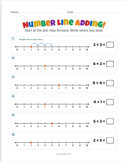 Number line adding · Sums to 10 · 6 rows · set 2 worksheet