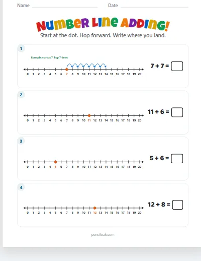 Number line adding · Sums to 20 · 4 rows worksheet