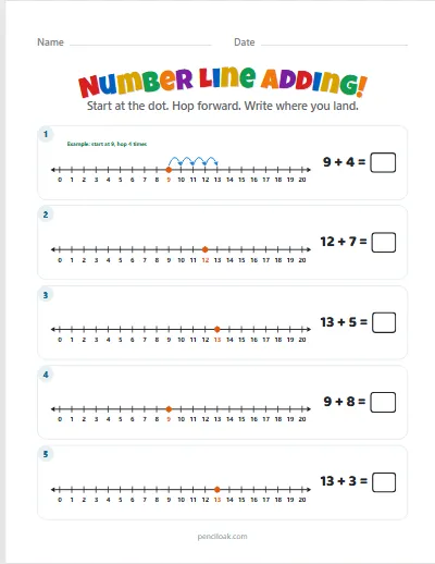 Number line adding · Sums to 20 · 5 rows · set 2 worksheet