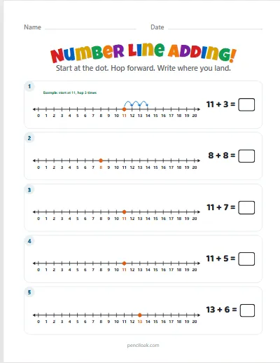 Number line adding · Sums to 20 · 5 rows · set 3 worksheet