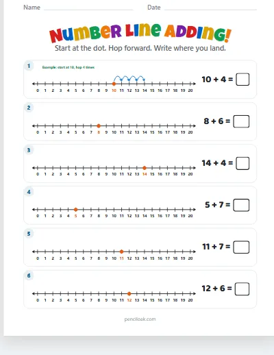 Number line adding · Sums to 20 · 6 rows worksheet