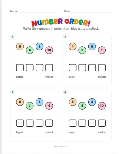 Number order · Big to small · To 10 · 4 rows worksheet