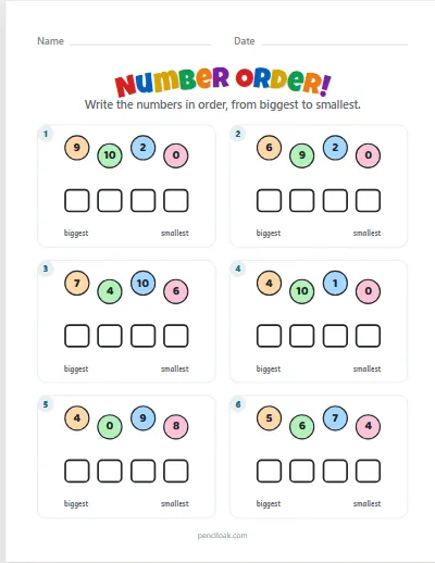 Number order · Big to small · To 10 · 6 rows worksheet