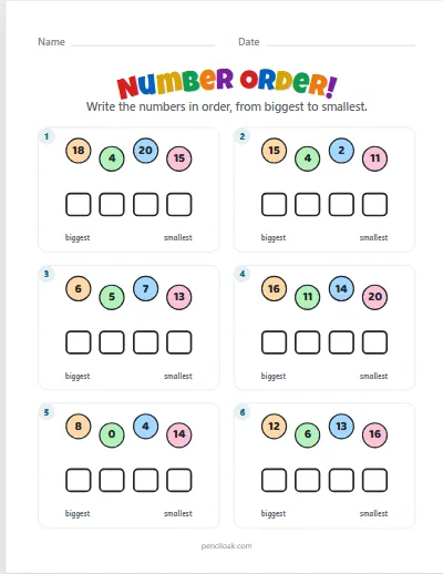 Number order · Big to small · To 20 · 6 rows worksheet