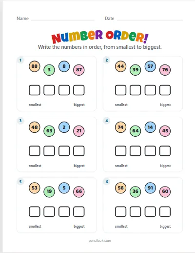 Number order · To 100 · 6 rows · set 2 worksheet