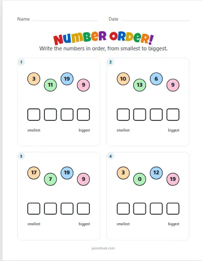 Number order · To 20 · 4 rows worksheet