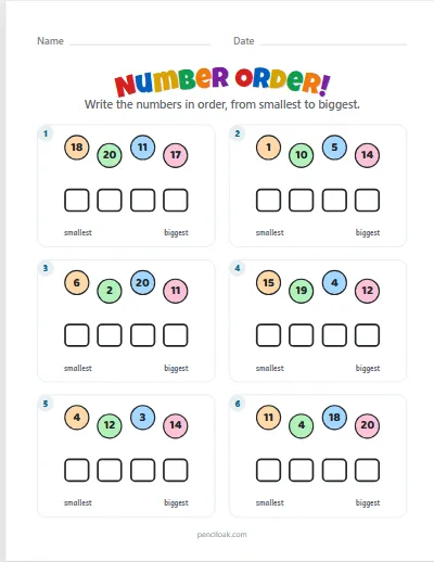 Number order · To 20 · 6 rows · set 2 worksheet