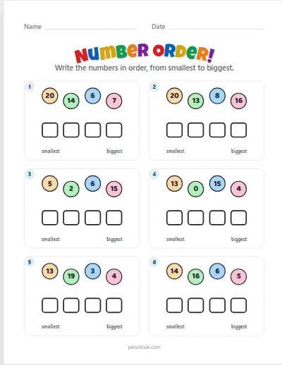 Number order · To 20 · 6 rows worksheet