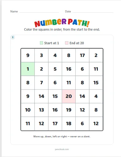 Number path · 1 to 20 · 1 puzzle · set 2 worksheet