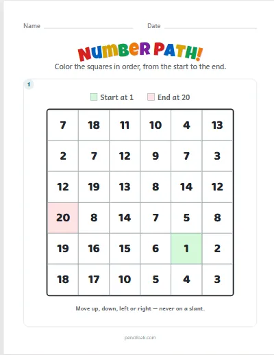 Number path · 1 to 20 · 1 puzzle · set 3 worksheet