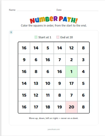Number path · 1 to 20 · 1 puzzle · set 4 worksheet