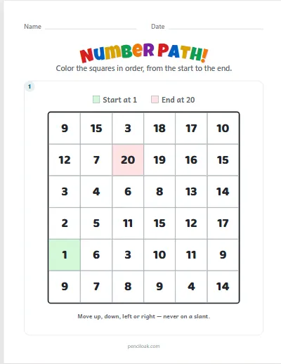 Number path · 1 to 20 · 1 puzzle · set 5 worksheet