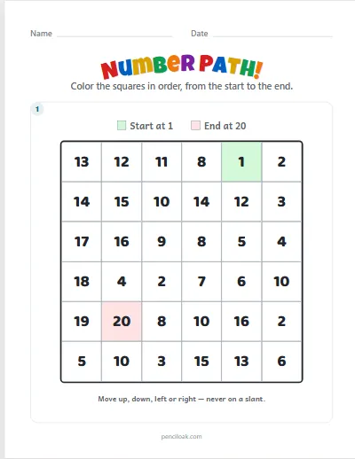 Number path · 1 to 20 · 1 puzzle worksheet