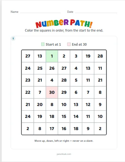 Number path · 1 to 30 · 1 puzzle · set 2 worksheet