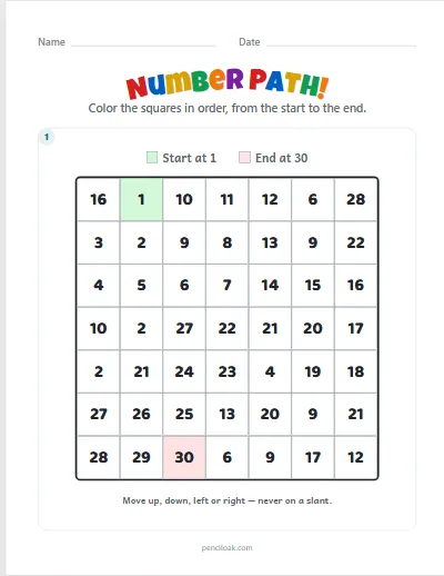 Number path · 1 to 30 · 1 puzzle · set 3 worksheet