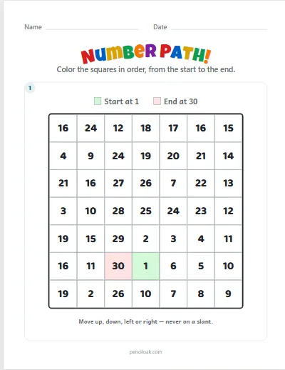 Number path · 1 to 30 · 1 puzzle · set 4 worksheet