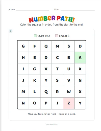Number path · A to Z · 1 puzzle · set 2 worksheet