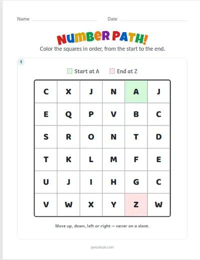 Number path · A to Z · 1 puzzle · set 3 worksheet