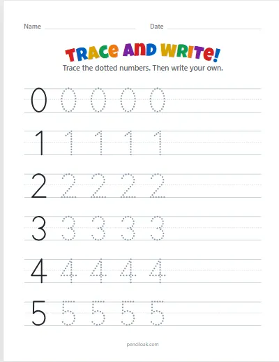 Number tracing · 0–5 · 6 rows worksheet