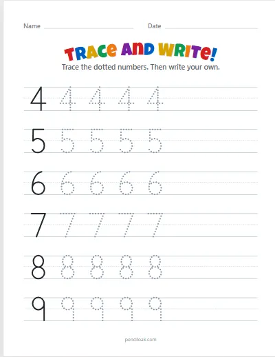 Number tracing · 4–9 · 6 rows worksheet