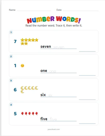 Number words · 1 to 10 · 4 rows worksheet