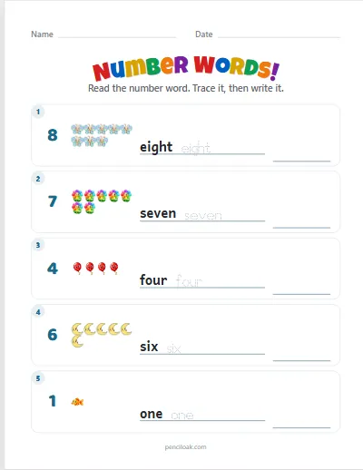 Number words · 1 to 10 · 5 rows worksheet