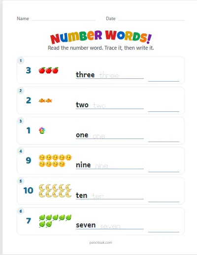 Number words · 1 to 10 · 6 rows · set 2 worksheet