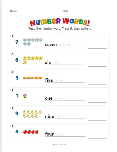 Number words · 1 to 10 · 6 rows · set 3 worksheet