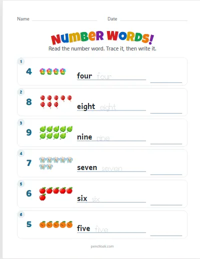 Number words · 1 to 10 · 6 rows · set 4 worksheet