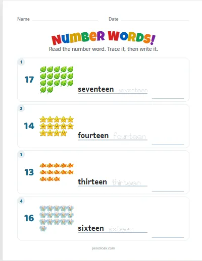 Number words · 11 to 20 · 4 rows worksheet