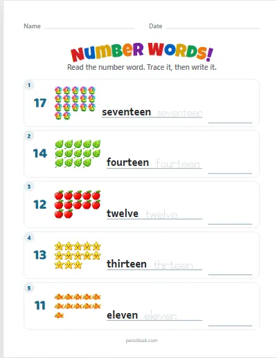 Number words · 11 to 20 · 5 rows worksheet
