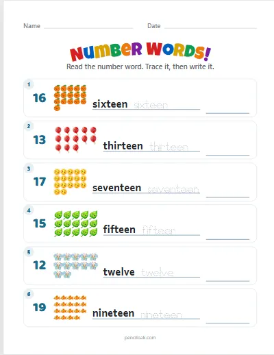 Number words · 11 to 20 · 6 rows · set 2 worksheet