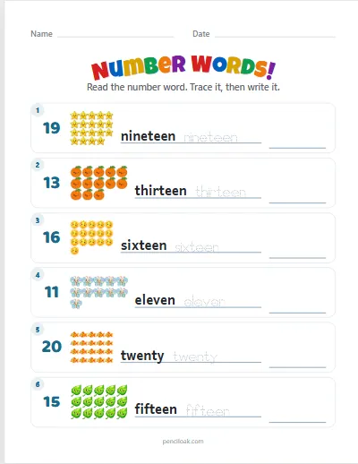 Number words · 11 to 20 · 6 rows worksheet