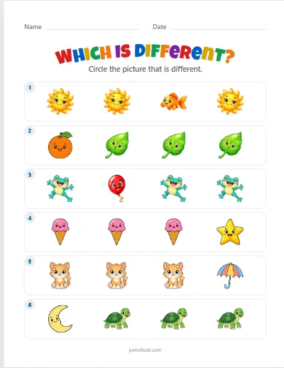 Odd one out worksheet: rows of four pictures with one different