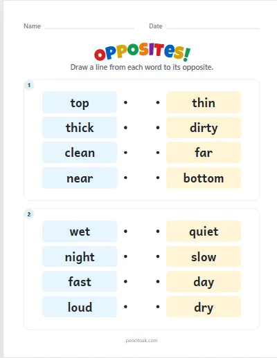Opposites · 4 pairs · 2 boxes worksheet