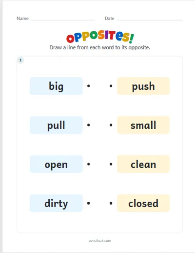 Opposites · 4 pairs · 1 box · set 2 worksheet