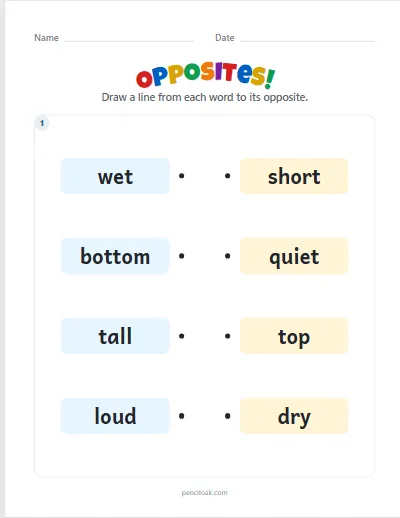 Opposites · 4 pairs · 1 box worksheet