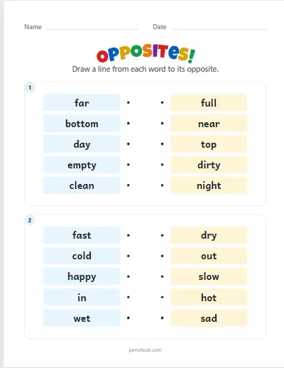 Opposites · 5 pairs · 2 boxes worksheet