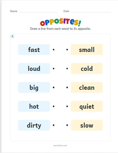 Opposites · 5 pairs · 1 box · set 2 worksheet