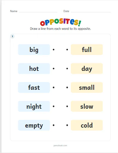 Opposites · 5 pairs · 1 box worksheet