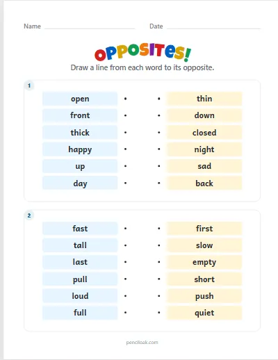 Opposites · 6 pairs · 2 boxes · set 2 worksheet