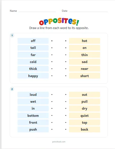 Opposites · 6 pairs · 2 boxes worksheet