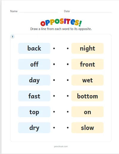 Opposites · 6 pairs · 1 box · set 4 worksheet