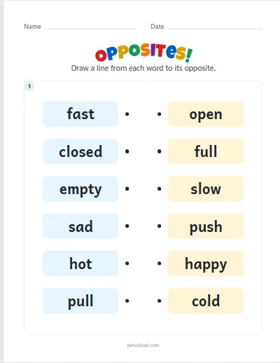 Opposites · 6 pairs · 1 box worksheet