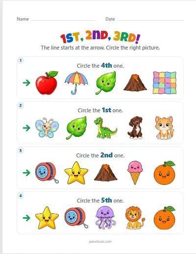 Ordinal numbers · Up to fifth · Numbers · 4 questions worksheet