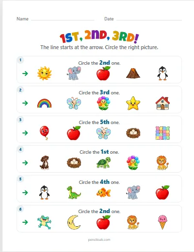Ordinal numbers · Up to fifth · Numbers · 6 questions · set 2 worksheet