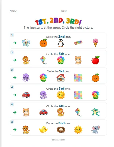Ordinal numbers · Up to fifth · Numbers · 6 questions worksheet