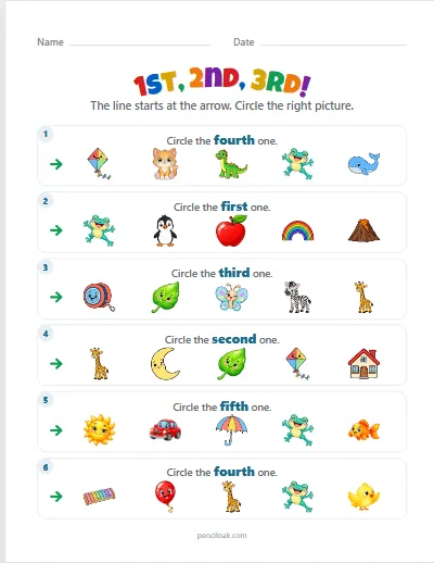 Ordinal numbers · Up to fifth · Words · 6 questions · set 2 worksheet
