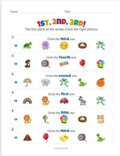 Ordinal numbers · Up to fifth · Words · 6 questions worksheet
