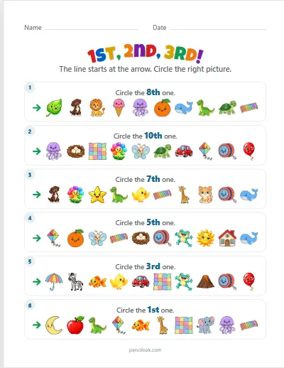 Ordinal numbers · Up to tenth · Numbers · 6 questions worksheet